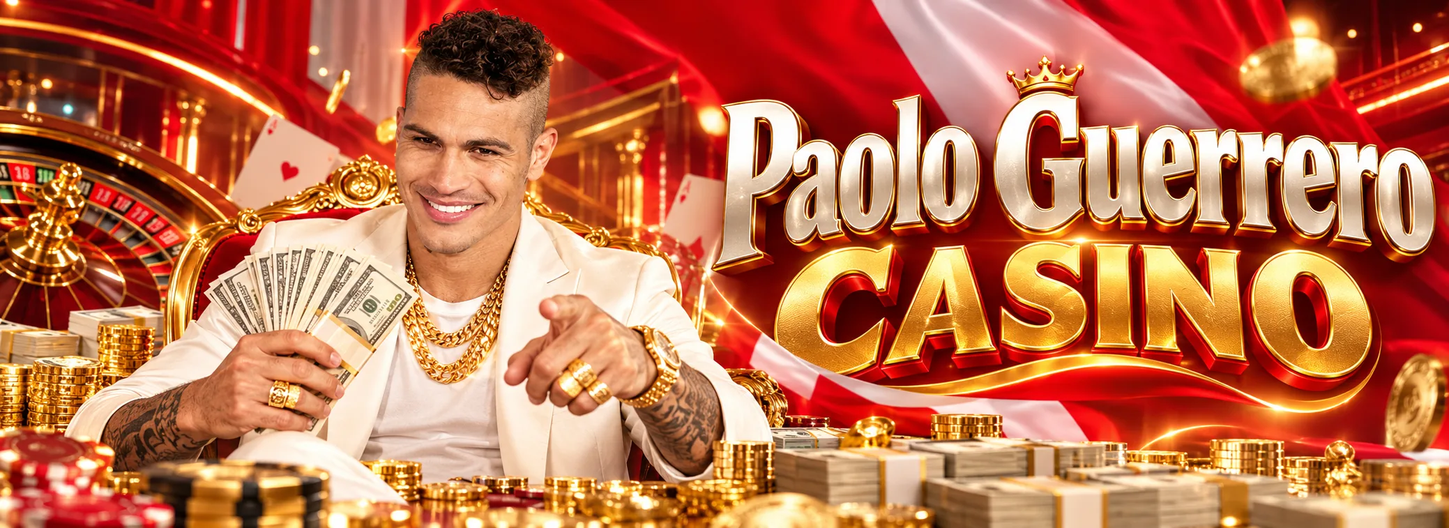 Banner de Paolo Guerrero Casino con el bono de bienvenida de 100% hasta S/1,000 y 150 giros gratis
